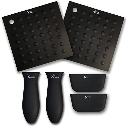 Kitchen Addiction 6 Piece Silicone Kitchen Set 2 Hot Handle Holder Sleeves, 2 Trivet/Potholder/Grippers, 2 Assist Handles Set (Black)