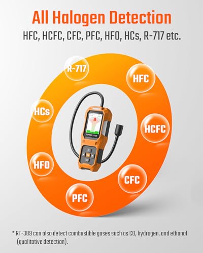 TopTes RT-389 Rechargeable Refrigerant Leak Detector, HVAC Freon Leak Detector with 3 Sensitivity Modes & 3 Alarm Types for CFCs, HCFCs, HFCs, HFOs, HCs for Car Home Industrial - Orange