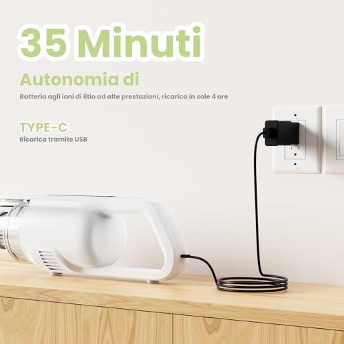 Suirviz U5PRO Cordless Vacuum Cleaner, 28,000Pa Powerful Suction, 35Min Autonomy, Ultra Light Electric Broom with HEPA Filter, Rotating Head for Pet Hair, Hard Floors, Home and Car