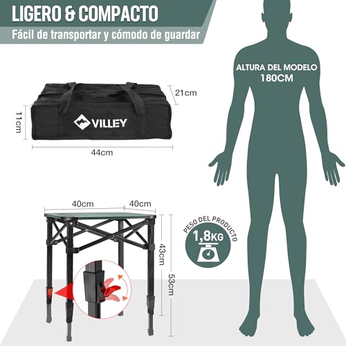VILLEY Folding Table with Carry Bag, Portable Aluminium Folding Table, Height Adjustable Camping Table, Camping Table for Picnic, Fishing, Camping, Beach and Extrior, 40 x 40 x 53 cm