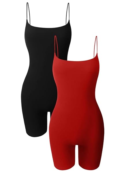 HYZ WOMEN’S TWO PIECE ROMPERS SLEEVELESS SPAGHETTI STRAP CAMI BACKLESS SECOND -SKIN FEEL SHORT JUMPSUIT BLACK RED