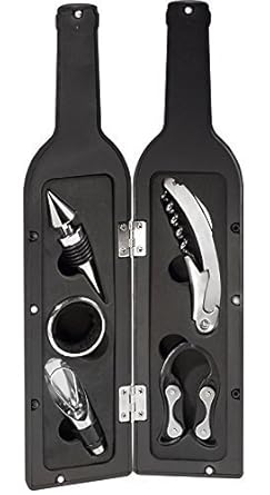 Iktu 5 Piece Wine Gift Set Bottle Shaped Deluxe Accessory Kit Novelty Hostess Tool Kit Christmas Holiday Gift Bottle Opener Corkscrew Foil Cutter Pourer Stopper Drip Ring Collar Bar Set Supplies