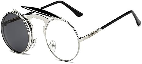 VeBrellen Retro Round Flip-Up Steampunk Sunglasses Clamshell Metal Frame Sunglasses (Silver Frame Grey Lens, 46)