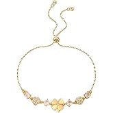 Cat Eye Stone Four-Leaf Clover Bracelet For Women Ladies 18K Gold-Tone Plated Delicate Sparkling Cubic Zirconia Crystal Lucky Flower Link Chain Birthday Graduation Charm Jewelry Gifts For Her Bff Friend