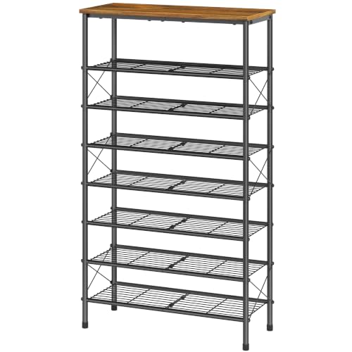 Tajsoon 8 Tier Free Standing Shoe Rack for 28-32 Pairs, X Shape Fixed Frame Metal Mesh Shoe Rack for Closet, Rustic Brown & Black