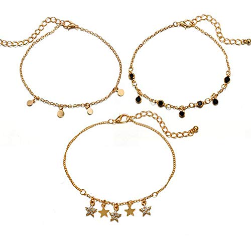 YERTTER Women Layered Gold Star and Sequin Rhinestones Ankle Bracelet Charm Beaded Dainty Foot Jewelry for Women and Teen Girls Summer Barefoot Beach Anklet Set of 3