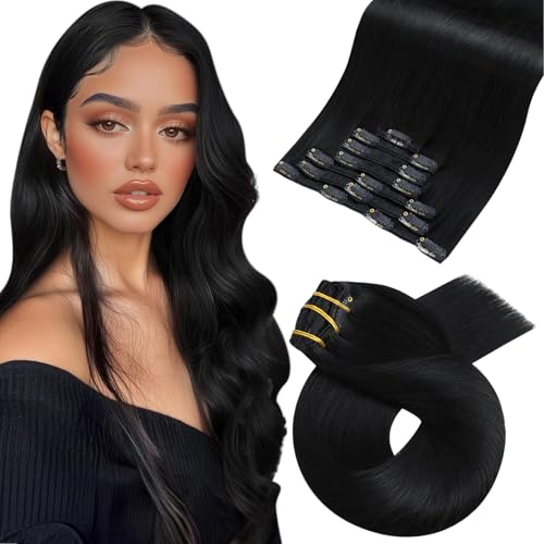 Moresoo Clip in Human Hair Extensions 60 cm Black Jet Remy Human #1 120 g 7pcs | Instant Volume, Invisible At The Neck, Modern Style, Easy To Wear, Soft Texture