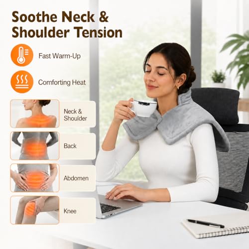 CoreBazz Electric Heating Pad for Neck and Shoulder with 6 Heating & 4 Timer Settings,Fast Heating Large Size Heated Wrap with Auto Shut Off & Machine Washable (Silver Gray, 58x42 cm)