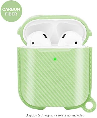 AirPods Case Protective Cover Compatible with AirPods Wireless Charging Case 2 & 1 with Keychain Full Protection Skin Cover Case,Front LED Visible (Green-Carbon Fiber)