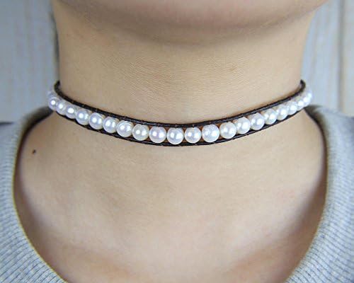 Pearl choker necklace bead choker necklace Freshwater pearl necklace leather chorker necklace BOHO bead necklace leather necklace CK-001