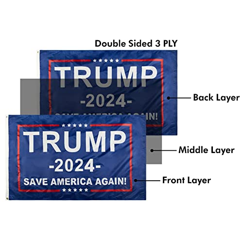 Trump 2024 Flag Double Sided 3x5 Take American Back Save America Double Sided 3ply High Quilty Polyester Anti-UV Fading Donald Trump 2024 Flag 2 Brass Grommets 4 Rows Stitched Suitable for Indoor and Outdoor