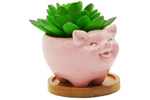 CUTEFORYOU Succulent Pots, Cute Animal Pig Shaped Ceramic Cactus Flower Planters with Bamboo Tray -Plant Not Included (Pink, 3.93 Inches)