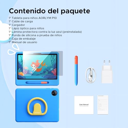 Luzglo P10 Kid Tablet 10 Inch, Android 16 Tablets, Gemini AI, 90Hz, 32GB RAM+64GB ROM, 7000mAH, 5G WiFi, Face ID, OTG, GPS, Tablet with Pencil, Tablet for 7-10 Years, Blue