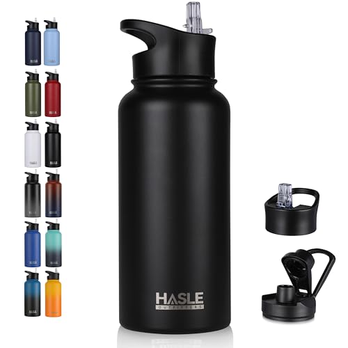 HASLE OUTFITTERS Isolierte Wasserflasche, Edelstahl, doppelwandig, Vakuum-Sport-Wasserflasche mit 2 Deckeln (Strohhalm und Auslaufdeckel) für Fitnesss