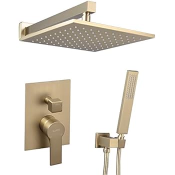 SHAMANDA Brass Rainfall Shower System, Luxuly Bathroom Shower Faucet Combo Set Brushed Gold(Including Rough-In Valve Body and Trim), L70001-3