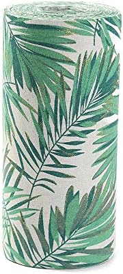 wlflash Hawaiian Style Cotton Linen Table Runner with Glitter for Summer Parties,Family Dining,Everyday Use,Wedding Decor (12 Inches by 25 Yards,Green Tropical Palm Leaves Fabric Roll)