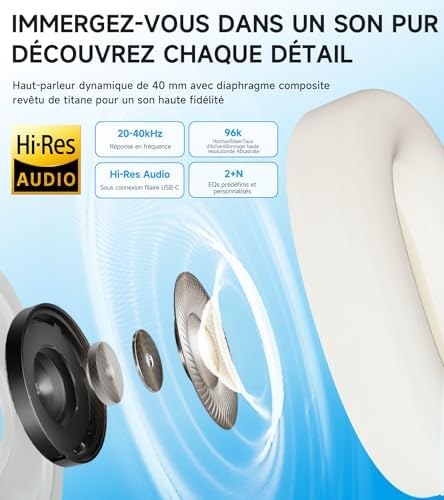 W800BT Pro Casque sans Fil Hybride de Réduction de Bruit Actif - Son Haute Résolution - IA Annule Bruit Appels - 45 Heures de Lecture - Charge Rapide - Pliable - Bluetooth 5.4 - Noir
