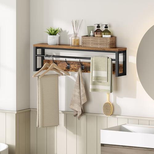 Perchero de Pared con Estante, Perchero Flotante con Barra y 5 Ganchos, Estante Colgante para Paraguas, Sombreros, para Entrada, Pasillo, Sala de Estar, Negro y Marrón Rústico EBF78YM01