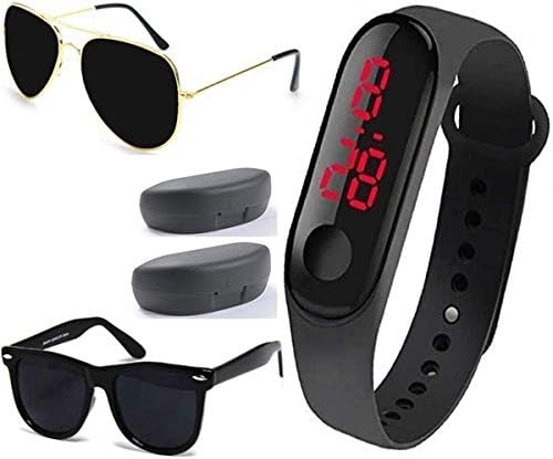 Sheomy Golden Frame Black Glass Aviator & Full Black Wayfarer Unisex Sunglasses (55| Black)