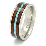 Titanium Hawaiian Koa Wood and Turquoise Inlay Wedding Band Ring 8mm Size 7 to 15