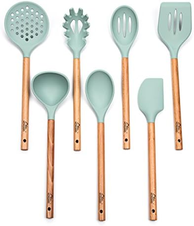 Kitchen Utensils Set HCHUANG 7 Piece Silicone Kitchen Cooking Tools - Heat Resistant and Non-stick Cooking Spatulas For Pots &amp; Pans - Spoon,Spatula Tools, Pasta Server,Ladle, Strainer, Dishwasher Safe