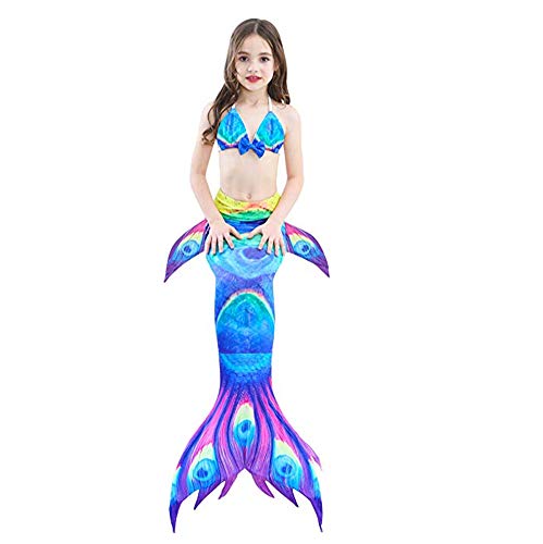 Kids Girls Sparkle Mermaid Tail with Monofin Swimmable Swimwear 4pcs Sets for Kids 3~10Years (140 (10-12 Years), A-Peacock Blue)