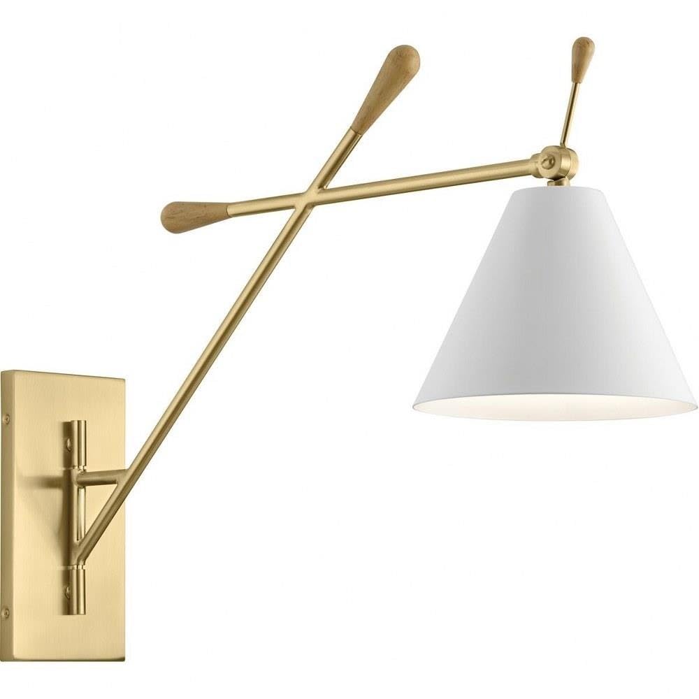 Photo 1 of Kichler Finnick 20 Inch 1 Light Wall Sconce with a White Shade in Champagne Gold and Natural Maple