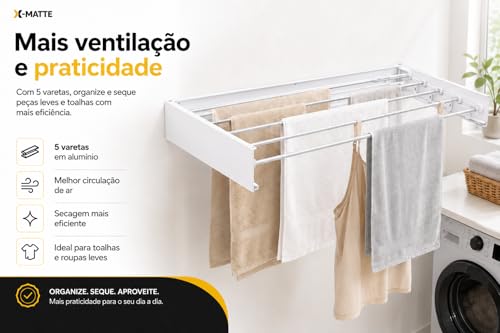 Varal Retrátil De Parede Magico Secreto Recolhível Resistente Em Alumínio Reforçado Para Lavanderia Apartamento e Economiza Espaço Invisivel Dobrável 80cm Com 5 Varetas X-MATTE (BRANCO)