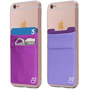 (Two) Stretchy Cell Phone Stick on Wallet Card Holder Phone Pocket for iPhone, Android and All Smartphones - Purples