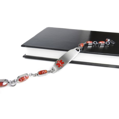 My Identity Doctor - Men's Custom Engraved Medical Alert Bracelet - 5mm Steel, Glass - Red - Wrist Size 8 Inch - Thumbnail 3