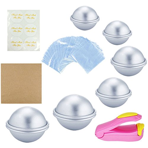 Kyerivs DIY Bath Bomb Molds Set Including 12 Pieces 3 Size DIY Metal Bath Bomb Molds, 1 Mini Heat Sealer, Wrapping papers, Shrink Wrap Bags, Label Stickers for Bath Bombs Handmade