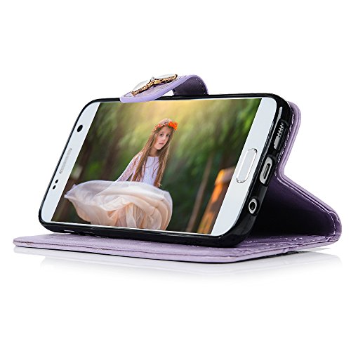 Galaxy S7 Case, Mavis's Diary 3D Handmade Embossed Wallet Bling Diamonds Butterfly Flowers PU Leather Magnetic Flip Folio Protective Shockproof Cover Card Holders - Purple