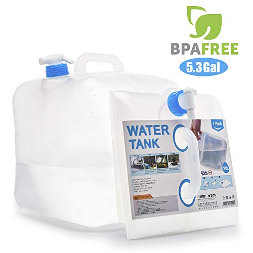 ITRAZ 5.3 Gallon Collapsible Water Container with Spigot, BPA-Free FDA PE Water Carrier Jug, Portable Water Canteen for RV Camping Hiking Fishing BBQ Outdoor and Hurricane Flood Fire Emergency