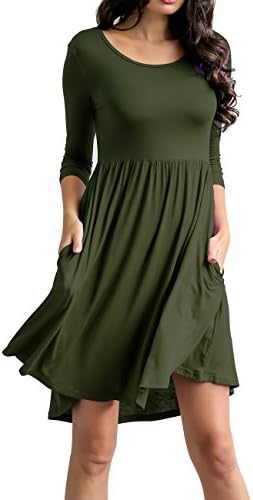 AAMILIFE Women's Scoop nceck 3/4 Sleeve Pockets Pleated Loose Casual Swing Mini Dresses Army Green L