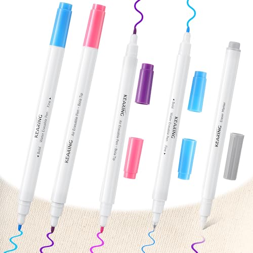 Avenuebool Fabric Markers for Sewing, 5 Count Pack, Includes 2 Water Soluble Fabric Marker 2 Air Erasable Pens 1 Eraser Marker, Disappearing Ink Pen, Sewing Quilting Embroidery Supplies