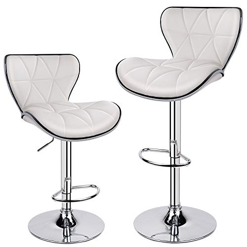 Leopard Shell Back Adjustable Swivel Bar Stools, PU Leather Padded with Back, Set of 2 (White