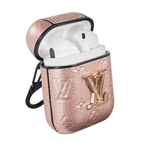 AirPods 1&2 PU Leather Designer Monogram Style Case, Protective Shockproof Case Cover with Carabiner Keychain Compatible with Apple AirPods Charging Case for Men and Women (Rose Gold)