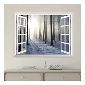 Modern White Window Looking Out Into a Snowed Forest with The Sun Peeking Through - Wall Mural, Removable Sticker, Home Decor - 24x32 inches