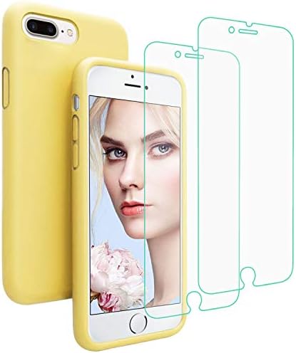 Pnuotuos iPhone 8 Plus Case, iPhone 7 Plus Case, Liquid Silicone Phone Case with 2-Pcs Free Tempered Glass Screen Protector Gel Rubber Shockproof Protective Case for iPhone 8 Plus / 7 Plus - Yellow