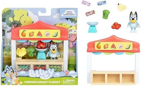 Mini sets de jeu Bluey . Set de jeu Bluey Le stand de marché . Inclus : figurine Bluey articulée, sac de courses, accessoires et billets