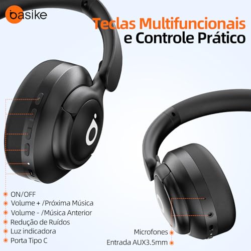 Basike Fone de Ouvido Bluetooth 5.4, ANC Cancelamento de Ruído Ativo Headphone com Microfone, Certificação Hi-Pure Audio, 30h Bateria, LE29 (Preto)