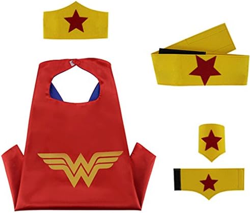 Superhero Cape Costumes Bundle - 4 Items - 1 Cape - 1 Mask - 1 Waistband - 2 Wristbands (Wonder Woman Star)