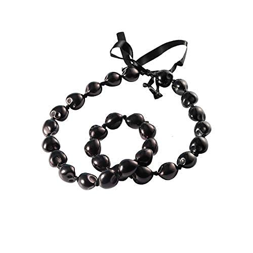 BNQL Chunky Hawaiian Kukui Nut Lei Necklace with Ribbon Bow Closure Graduation Gift (BLACK)
