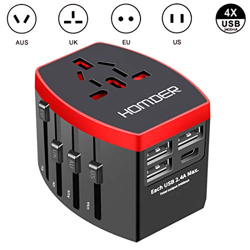 Homder Travel Adapter, International Power Adapter, All in One Worldwide AC Outlet Plug Adapter for US UK Europe AUS More Than 150 Countries, 1 AC Outlet + 1 Type C Port + 3 USB Ports