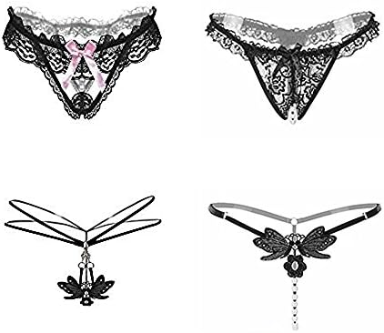 SELORY Women's Crotchless Lace Panties Pearls G-Strings Underwear Thong Lingerie T-Back Pack of 4 (Black)