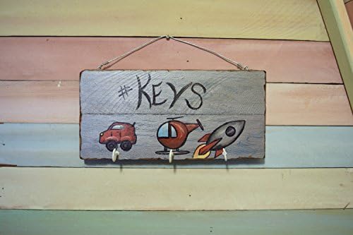 Hashtag Keys Emoji Sign- Hand Painted Handmade Wooden Sign with Hooks - Car, Helicopter, and Rocket Emojis
