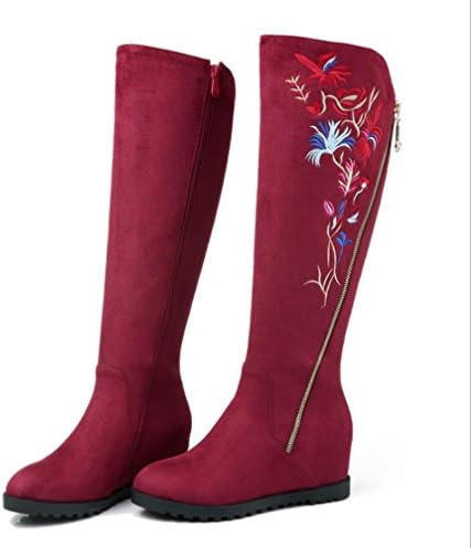 Best 4U? Women's Shoes Winter Fall Boots Rubber Sole Round Toe Flat Heel Knee High Boots Embroidery Flower Elevator Shoes