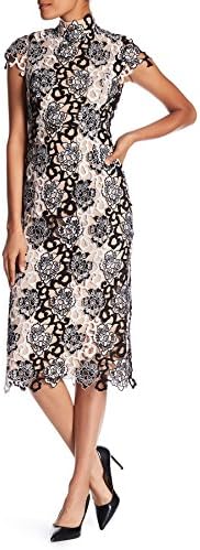Monique Lhuillier High Neck Lace Midi Dress (8, Black-White)