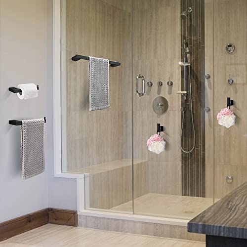 HANFU Towel or Toilet Paper Holder, Bathroom Accessories Set of 5, Aluminium 40 cm, Hooks for Bathrobe, Complete Wall Mount, Black