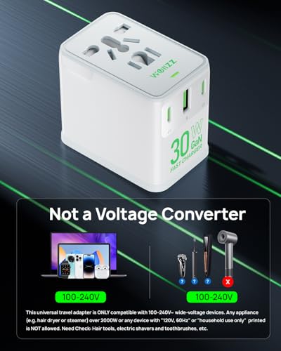 Travel Adapter, Worldwide Universal Charger with European Plug GAN 30W, 4 Ports (1 AC, 1 USB-A, 2 USB-C), for USA, Europe, UK, Australia, Japan, White